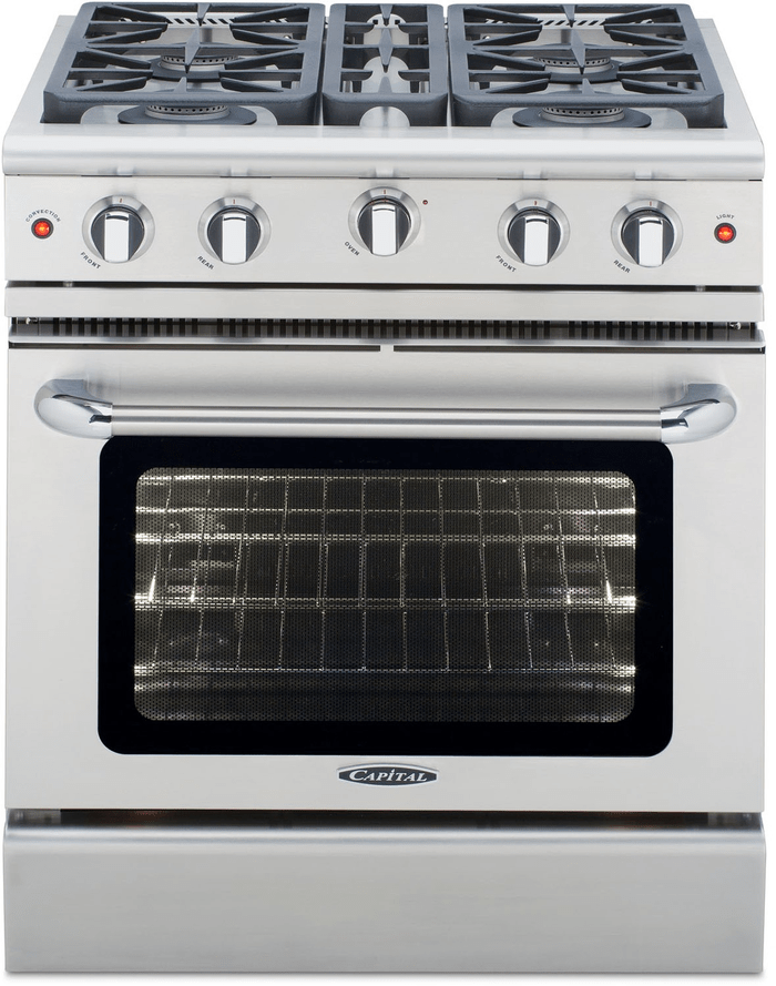 24 Inch Range  2.6 cu. ft. capacity. 24 inch freestanding gas range. 4 sealed burners (1 rapid, 2 semi rapid and 1 simmer). Automatic electronic ignition