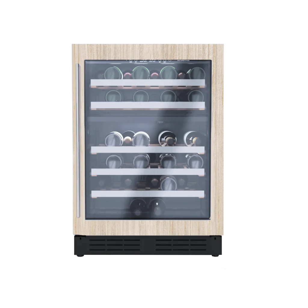 24 Inch Wine Refrigerator  Dual Zone Single Door 4.8 Cu. Ft. RISERVA beechwood shelves Anti Damping System. Enable a seamless and flush installation with Elica's Articulated Hinge, ensuring a sleek and integrated look that enhances the overall aesthetic of your space