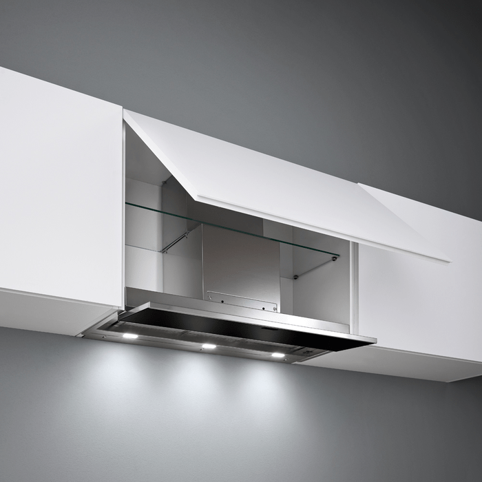 36 Inch Range Hood 500 CFM  Move Built in Slide Out Hoods from collection Design. 
Scotch brite stainless steel (AISI 304), Tempered glass, Sliding door, Electronic control LED lighting, Optional Chimney, Optional glass shelf