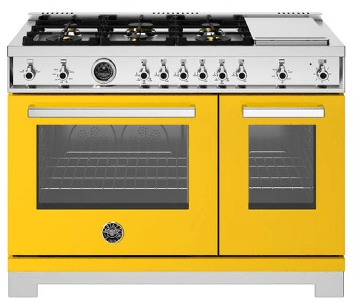 48 Inch Range  Double Oven All Gas Range. Six Brass Burners and 12 Inch Electric Griddle. Electric manual clean oven. Dual convection fan for balanced airflow and even temperature baking and roasting on 7 shelf levels. Large Oven: 4.7 cu. ft. Small Oven: 2.4 cu. ft. Cooking zones: Power burners 2 x 1300 BTU - 19000 BTU. Rapid burner 2500 BTU - 10400 BTU. Medium burner 2 x 1500 BTU - 5900 BTU. Simmer burner 750 BTU - 3500 BTU. Griddle power 1100 W