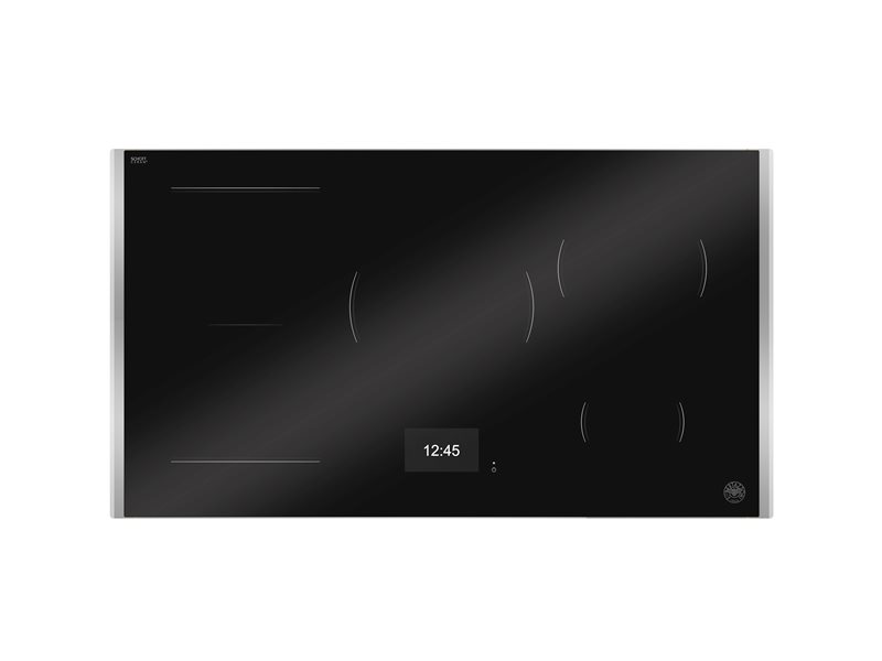 36 Inch Cooktop Induction Burners TFT Display - Bertazzoni Assistant, Black Glass with Stainless Steel Trim . The 36 Inch Induction Cooktop 11,100 Watts in black glass is a sleek and modern kitchen addition, combining style with high-performance capabilities. Five Induction Zones andTouch Controls. Cooking zones:Induction front left (size 8 3/4 in) 2 100 W - 3 700 W. Induction back left (size 8 3/4 in) 2 100 W - 3 700 W. Induction front right (size 9 1/4 in) 2 100 W - 3 700 W. Induction back right (size 11 1/4 in) 2 600 W - 3 700 W
