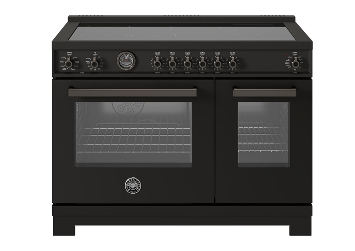 48 Inch Range  Double Oven Induction Range. Six Induction Zones and Cast Iron Griddle. Self-Clean convection oven Main oven 4.6 cu ft. Auxiliary oven 2.4 cu. ft. Total 7 cu ft. Capacity. Power Bridge Zone. Digital Temperature Gauge. Digital Food Probe. 6 Inducttion Zones. New Air Fry mode. Cooking zones: Induction 2 bridge zones. Induction front left size 8 in 9/32 - 2300W up to 3700W. Induction back left size 8 in 9/32 - 2300W up to 3700W. Induction center size 8 in 9/32 - 2300W up to 3700W. Induction back center size 10 1/4 inch 2600W up to 3700W. Induction front right Bridge 2100W - 3700W. Induction back right Bridge 2100W - 3700W