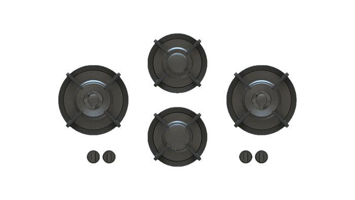 34 Inch Cooktop Sealed Burners Four Burner Gas Cooktop Full Brass Edition. Integrated installation right into Kitchen Countertop. The modular design offers superior design and performance. Perfect blend of classic and contemporary kitchen design. This fully integrated gas cooker delivers searing heat for the home chef. Four Burners: one 2 kW Single Ring 1024 - 6142 BTUs one 3 kW Single Ring 1024 - 10236 BTUs and two 5 kW Dual Ring 650-17,000 BTUs power burners. This gas cooktop offers a variety of cooking options. Double-Enamel Cast Iron Pan Supports. Controlled Power. Automatic Spark Ignition. Durable construction. Easy-to-Clean. Safety Shut-Off