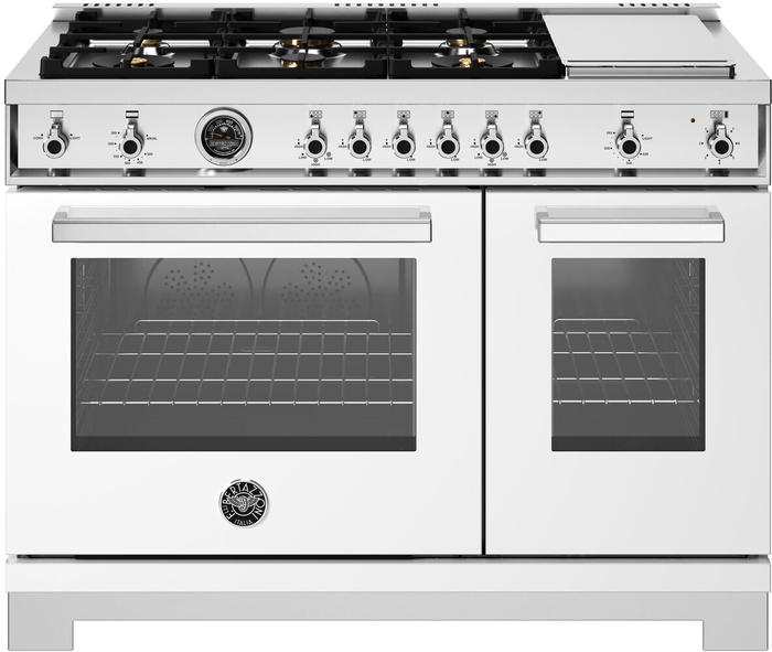 48 Inch Range  Double Oven All Gas Range. Six Brass Burners and 12 Inch Electric Griddle. Electric manual clean oven. Dual convection fan for balanced airflow and even temperature baking and roasting on 7 shelf levels. Large Oven: 4.7 cu. ft. Small Oven: 2.4 cu. ft. Cooking zones: Power burners 2 x 1300 BTU - 19000 BTU. Rapid burner 2500 BTU - 10400 BTU. Medium burner 2 x 1500 BTU - 5900 BTU. Simmer burner 750 BTU - 3500 BTU. Griddle power 1100 W
