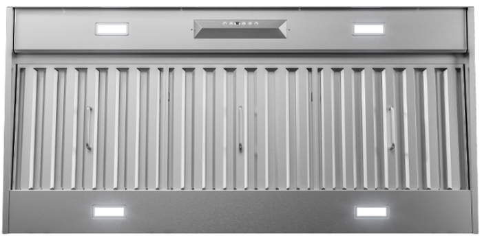 46 Inch Range Hood 1200 CFM  Monsoon II Insert available with LumiLight LED lighting. Exclusive ACT technology. Monsoon II delivers. Designed with conventional installation dimensions. Monsoon II is a great option for custom cabinetry or enclosure. Stainless steel baffle filters. Removable grease tray make it easy to maintain its pro-style look. 6-speed electronic controls and wireless remote control give the homeowner better control. Monsoon II Insert options: AK9334BS AK9340BS AK9346BS AK9352BS AK9358BS Pro Baffle Filters Led Lights II 22 1/2 inch Deep