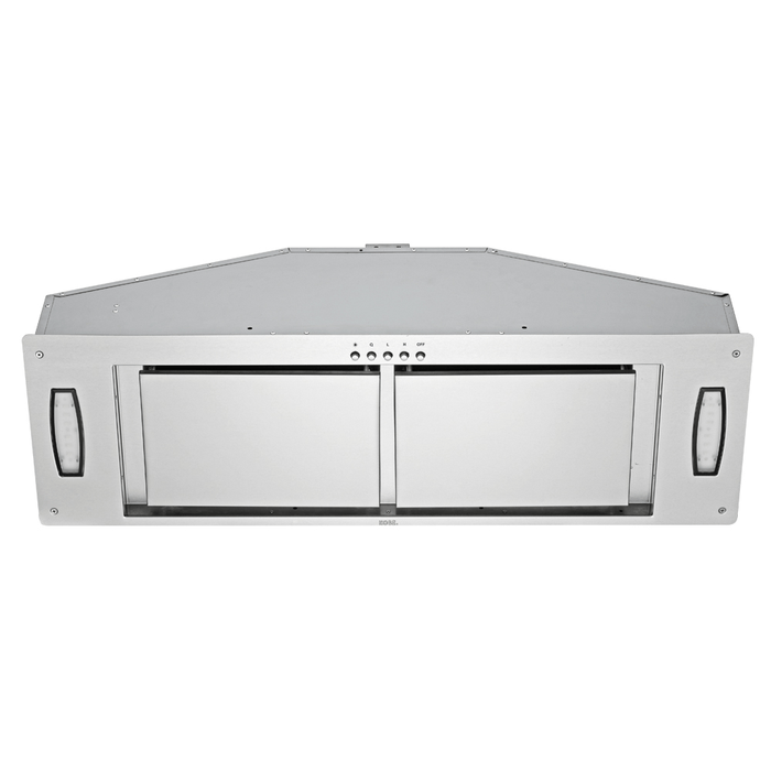 30 Inch Range Hood 750 CFM  Premium IN28 SQP-XX Series Cabinet Insert Range Hood 750 CFM Internal Blower Baffle Filters. KOBE IN28 Series built-in insert range hood seamlessly fits with cabinetry without the need for a liner. High performance with 750 CFM internal blower and operates very quiet at 1.0 sone on QuietMode. This hood is equipped with an Airflow Efficiency Panel to allow perimeter suction which can improvement suction performance and sound reduction. It also comes with 3-speed mechanical push button and LED lights.