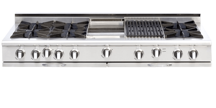 48 Inch Range  Double Oven Dual Fuel Range. Six Brass Burners and 12 Inch Electric Griddle. Electric self clean oven. Dual convection fan for balanced airflow and even temperature baking and roasting on 7 shelf levels. Large Oven: 4.7 cu. ft. Auxiliary Oven: 2.4 cu. ft. Cooking zones: Power burners 2 x 1300 BTU - 19000 BTU. Rapid burner 2500 BTU - 10400 BTU. Medium burner 2 x 1500 BTU - 5900 BTU. Simmer burner 750 BTU - 3500 BTU. Griddle power 1100 W