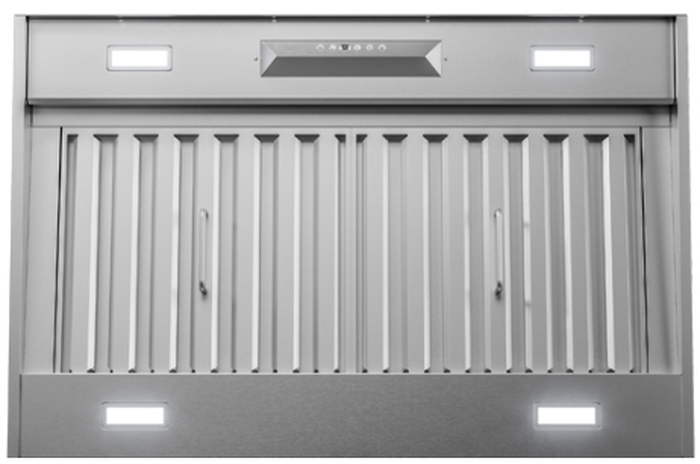 34 Inch Range Hood 1200 CFM  Monsoon II Insert available with LumiLight LED lighting. Exclusive ACT technology. Monsoon II delivers. Designed with conventional installation dimensions. Monsoon II is a great option for custom cabinetry or enclosure. Stainless steel baffle filters. Removable grease tray make it easy to maintain its pro-style look. 6-speed electronic controls and wireless remote control give the homeowner better control. Monsoon II Insert options: AK9334BS AK9340BS AK9346BS AK9352BS AK9358BS Pro Baffle Filters Led Lights II 22 1/2 inch Deep