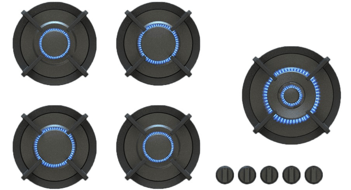 36 Inch Cooktop Sealed Burners Five Burner Gas Cooktop Full Brass Edition. Integrated installation right into Kitchen Countertop. The modular design offers superior design and performance. Perfect blend of classic and contemporary kitchen design. This fully integrated gas cooker delivers searing heat for the home chef. Five Burners: two 2 kW Single Ring 1024 - 6142 BTUs two 3 kW Single Ring 1024 - 10236 BTUs and one 5 kW Dual Ring 650-17,000 BTUs power burners. This gas cooktop offers a variety of cooking options. Double-Enamel Cast Iron Pan Supports. Controlled Power. Automatic Spark Ignition. Durable construction. Easy-to-Clean. Safety Shut-Off