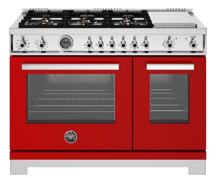 48 Inch Range  Double Oven Dual Fuel Range. Six Brass Burners and 12 Inch Electric Griddle. Electric self clean oven. Dual convection fan for balanced airflow and even temperature baking and roasting on 7 shelf levels. Large Oven: 4.7 cu. ft. Auxiliary Oven: 2.4 cu. ft. Cooking zones: Power burners 2 x 1300 BTU - 19000 BTU. Rapid burner 2500 BTU - 10400 BTU. Medium burner 2 x 1500 BTU - 5900 BTU. Simmer burner 750 BTU - 3500 BTU. Griddle power 1100 W