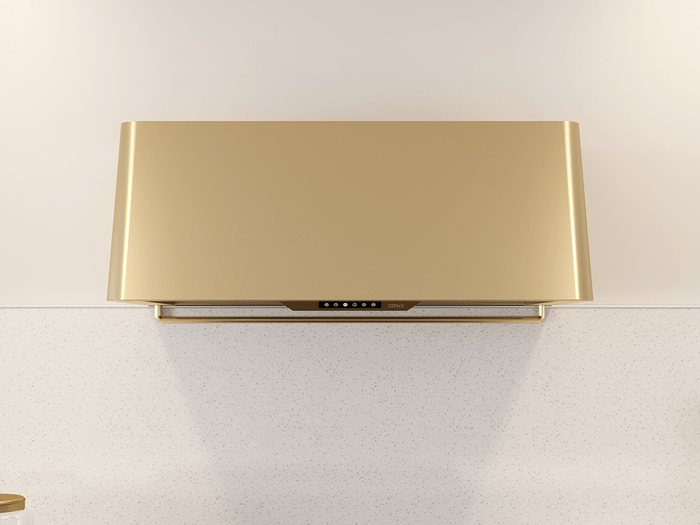 48 Inch Range Hood Custom Blower  Zephyr Creative Team Mesa Wall Mount Range Hood. Taking kitchen glamour to new heights. Mesa Wall hood is available in three high-style finishes: satin gold, matte black, and stainless steel latest. Mesa brings in latest in kitchen design trends. Invisible Touch Controls. Hybrid baffle filters and multiple blower options. Mesa is set to be hardworking star of the most fashionable kitchens. Additional options include an accent rail in satin gold or stainless steel. Remote control. Duct cover in satin gold, matte black, or stainless steel