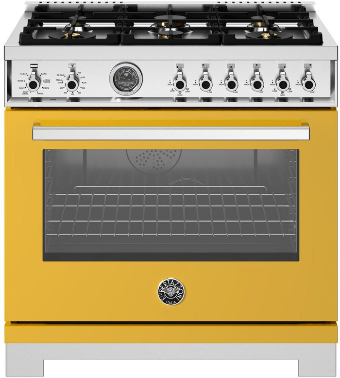 36 Inch Range  Dual Fuel Range with Six Brass Burners and Cast Iron Electric Griddle. Self Clean 5.9 Cu Ft Convection Oven. Two dual ring 19,000 BTU power-burners that boil water in under 6 minutes (best in class). Cooking zones: Power burners 2x 1300 BTU - 19000 BTU. Rapid burner 2500 BTU - 10400 BTU. Medium burner 2 x 1500 BTU - 5900 BTU. Simmer burner 750 BTU - 3500 BTU