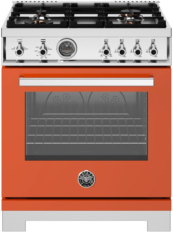 30 Inch Range  High-efficiency All Gas Range. Manual Clean 4.7 cu. ft. Capacity Convection Oven. Four 4 Mono-bloc brass burners with dual ring 19,000 BTU power-burner that boils water in under 6 minutes (best in class). Cooking zones: Power burner 1300 BTU - 19000 BTU. Rapid burner 2500 BTU - 10400 BTU. Medium burner 2 x 1500 BTU - 5900 BTU. Simmer burner 750 BTU - 3500 BTU