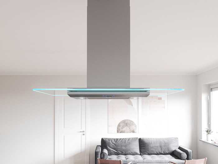 42 Inch Range Hood 600 CFM  Verona is topped with a straight glass canopy that also serves as an ambiance setting LED display. Select the Cloud White, Deep Blue and Amber color options to best match your kitchen’s décor, or choose the Demo mode that displays all three settings in 10-second intervals. Verona includes LumiLight LED lighting and 5-speed ICON Touch controls. Verona Wall ZVO-E30BG ZVO-M90BG