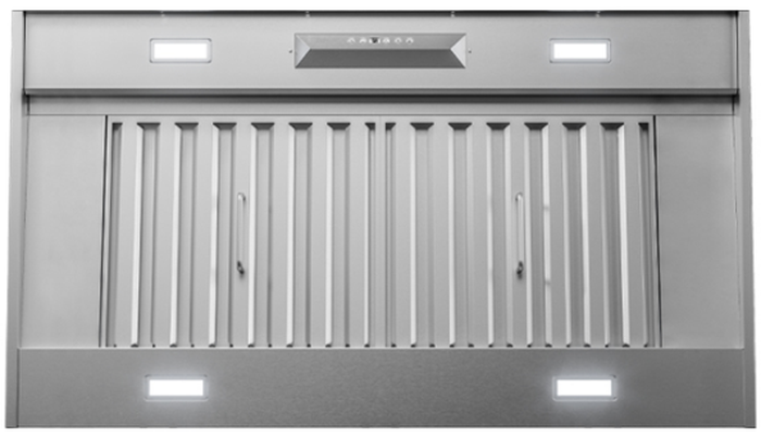 44 Inch Range Hood 1200 CFM  Monsoon II Insert available with LumiLight LED lighting. Exclusive ACT technology. Monsoon II delivers. Designed with conventional installation dimensions. Monsoon II is a great option for custom cabinetry or enclosure. Stainless steel baffle filters. Removable grease tray make it easy to maintain its pro-style look. 6-speed electronic controls and wireless remote control give the homeowner better control. Monsoon II Insert options: AK9334BS AK9340BS AK9346BS AK9352BS AK9358BS Pro Baffle Filters Led Lights II 22 1/2 inch Deep