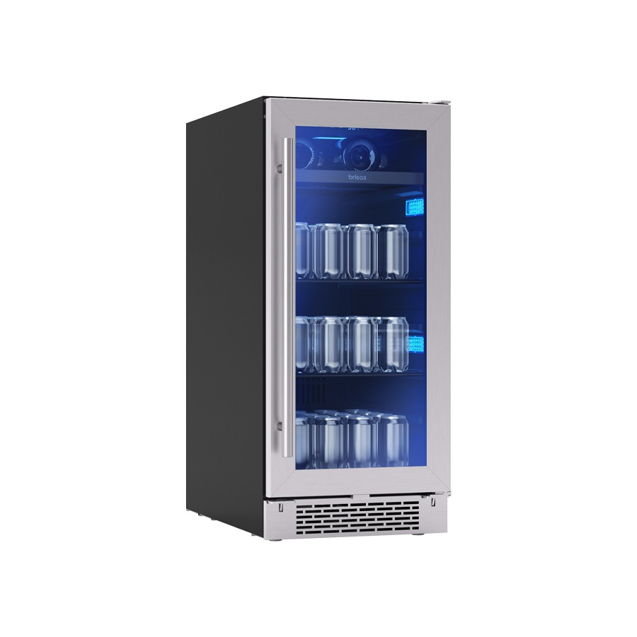15 Inch Beverage Fridge  Up your entertaining game, and make sure everyone’s favorite drinks are stocked year-round with this 15” under-counter beverage cooler. From the busy family to the casual entertainer, Brisas keeps all your favorite beverages within reach. Deluxe features like PreciseTemp™ temperature control, Active Cooling Technology for even cooling and a Vibration Dampening System ensure that everything you store in your Brisas cooler
