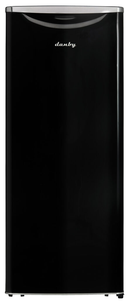 24 Inch All Fridge  11.0 cu. ft. Contemporary Classic Apartment Size All Fridge. 60 Inch tall. Drawing inspiration from mid-century styling and simplicity, Danby’s patented contemporary classic refrigerators reimagine retro for the modern consumer. The contemporary classic all fridge features Danby’s exclusive retro-inspired curved door design, black metallic door and chassis finish, rubber-grip ergonomic chrome handle, stylized chrome worktop, and a signature all-black interior. Boasting 11 cubic feet (311 L) of storage and cooling space, this all-fridge model is ideal for condos, apartments, or townhouses. Cut down on clutter with three chrome-trimmed tempered glass shelves, five integrated door shelves, and tall bottle storage for maximum storage versatility. Reduce your electricity bill and save on energy with this ENERGY STAR rated model. Easily find your eggs, vegetables, or fruit with the bright interior lighting system. Store your groceries in the glass-covered vegetable crisper, and the mechanical thermostat is conveniently located for easy temperature control. Maintenance and cleaning are as simple as can be with the automatic defrost system. Lastly, this stylish appliance features a clever, reversible hinge that allows you to set it for right or left-handed opening