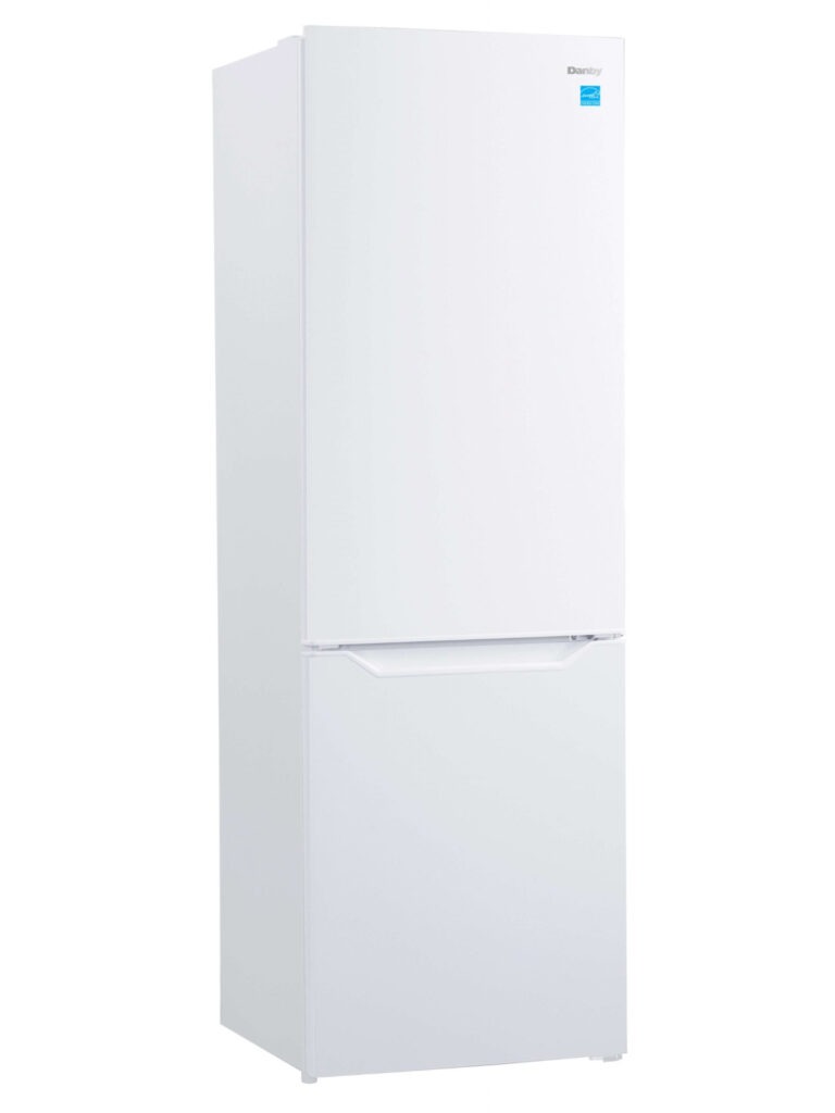 24 Inch Bottom Freezer Refrigerator  Danby 10.3 cu. ft. Bottom Mount Apartment Size Fridge in white. 73 Inch High. Discover the styling and simplicity of Danby’s 10.3 cubic feet (292 L) stainless-steel bottom mount refrigerator. Perfect for small space living in a condo, apartment, or townhouse! Reduce your electricity bill and save on energy with this ENERGY STAR rated model. Cut down on clutter with two and half adjustable shelves, three-door shelves, and one crisper drawer offering maximum storage versatility. All your favorite frozen items can be stored with two convenient drawers, keeping your freezer accessible and organized. Easily find your eggs, vegetables, or fruit with the bright LED interior lighting system. The sleek stainless-steel-looking exterior has a slim design, a handle-free opening, a reversible door for left or right-hand swing, as well as a flush back so that you can place it anywhere in your home. This model can serve as your main fridge or as a second option to increase storage capacity