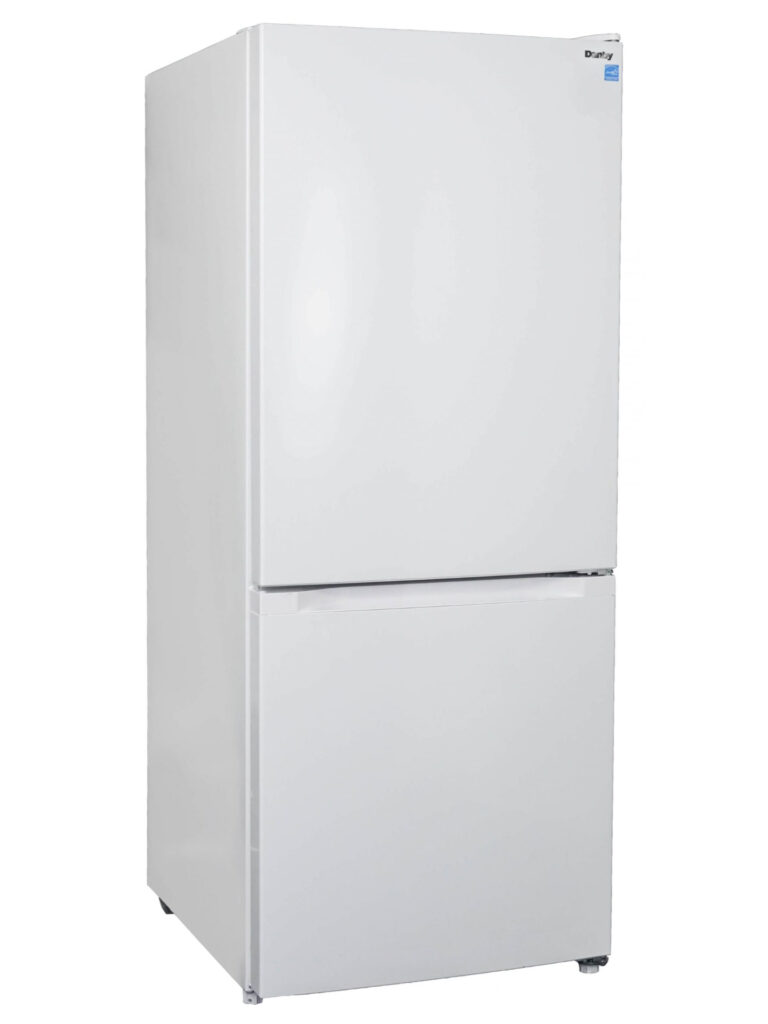 24 Inch Bottom Freezer Refrigerator  Danby 10.3 cu. ft. Bottom Mount Apartment Size Fridge in white. 73 Inch High. Discover the styling and simplicity of Danby’s 10.3 cubic feet (292 L) stainless-steel bottom mount refrigerator. Perfect for small space living in a condo, apartment, or townhouse! Reduce your electricity bill and save on energy with this ENERGY STAR rated model. Cut down on clutter with two and half adjustable shelves, three-door shelves, and one crisper drawer offering maximum storage versatility. All your favorite frozen items can be stored with two convenient drawers, keeping your freezer accessible and organized. Easily find your eggs, vegetables, or fruit with the bright LED interior lighting system. The sleek stainless-steel-looking exterior has a slim design, a handle-free opening, a reversible door for left or right-hand swing, as well as a flush back so that you can place it anywhere in your home. This model can serve as your main fridge or as a second option to increase storage capacity