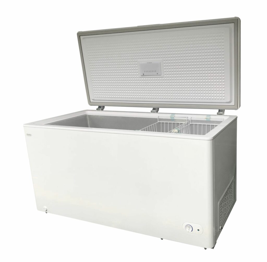 60 Inch Chest Freezer 14.5 cu. ft. two-door chest freezer Large capacity 14.5 cu ft chest freezer suitable for families of four or moreManual defrost design with convenient front mount defrost drainGarage ready: freezer can perform in temperatures from 0 degreesF to 110 degreesF (-17 degreesC to 43 degreesC)Front mount thermostat with “power-on inch indicator lightEnergy efficient design maintains optimum freezing temperatures of 10 degreesF (-12 degreesC) to -13 degreesF (-25 degreesC)Two heavy duty wire baskets and wire compartment dividerMounted on rollersEnergy efficient interior white LED lightDurable aluminum interior with rounded corners for easy cleaningIndustry-leading 5-year warranty on parts and labor with in-home service