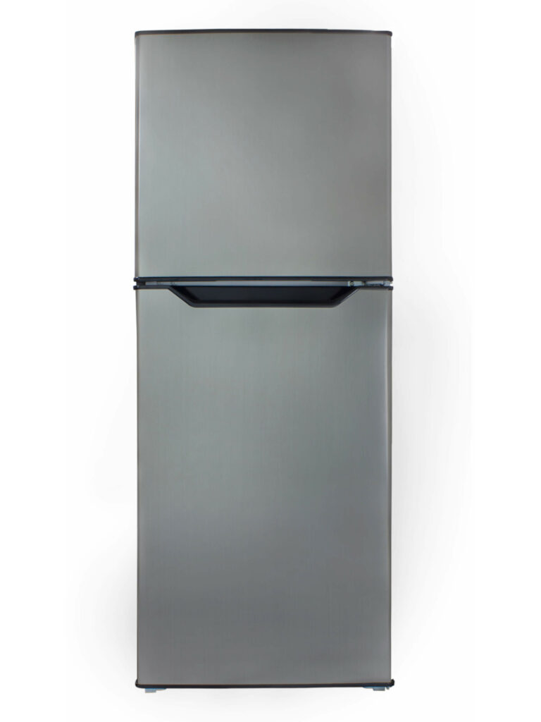 22 Inch Top Freezer Refrigerator  7.0 cu. ft. Apartment Size Fridge Top Mount. 57 Inch High. The Danby DFF070B1BSLDB-6 medium sized refrigerator is the right fit for any apartment, office or condo. With its modern, smudge free stainless look and sleek hidden hinges, this mid-sized fridge makes simple look stunning. Engineered with food storage in mind, the versatile interior provides the ultimate in controlled air flow without loss of space or storage capacity. 3 adjustable glass shelves, 1 clear vegetable crisper and 3 clear door shelves are brightly complimented with the white LED lighting. The frost free freezer section is the ultimate in easy maintenance. With no manual defrosting, there is no ice buildup which means no freezer burnt food. Energy star certified, over energy consumption isn’t a worry. Complete with a reversible door for left and right swing and integrated handle, this fridge is the perfect host for all your snacks, drinks and family favorites
