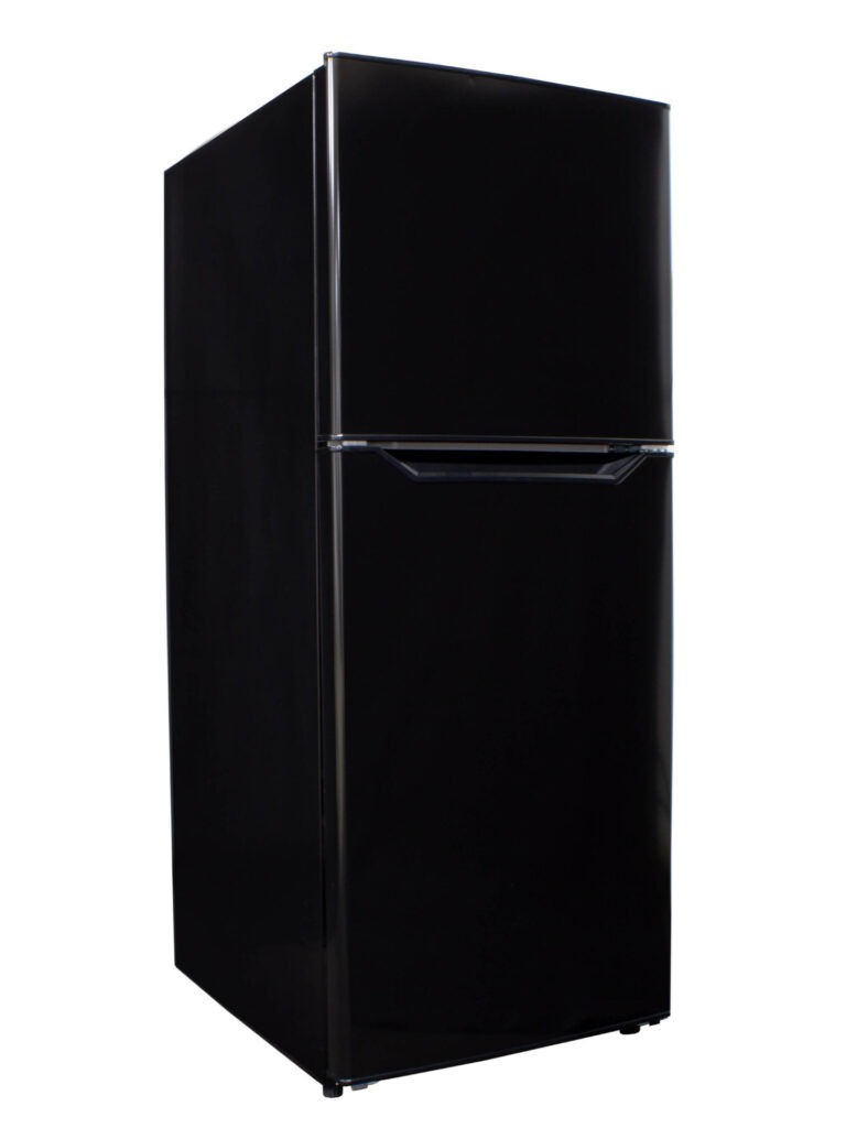 24 Inch Top Freezer Refrigerator  10.1 cu. ft. Top Mount Apartment Size Fridge. 60 Inch High. Perfect for apartments, offices, and small space living, this sleek fridge provides 10.1 cu. ft. (290 L) of ample storage space. Its exterior is smudge-free and modern with its all-black colorway, handle-free opening, and reversible door with left and right-hand swing. The interior is illuminated by LED lighting, making it easy to organize the 2.5 adjustable glass shelves, 2 clear vegetable crispers, and 5 door shelves, with storage for tall bottles. Enjoy maintenance-free use with automatic defrost and controlled airflow, designed to extend the shelf life of your groceries! This Danby is backed by 12 months of parts and labor coverage