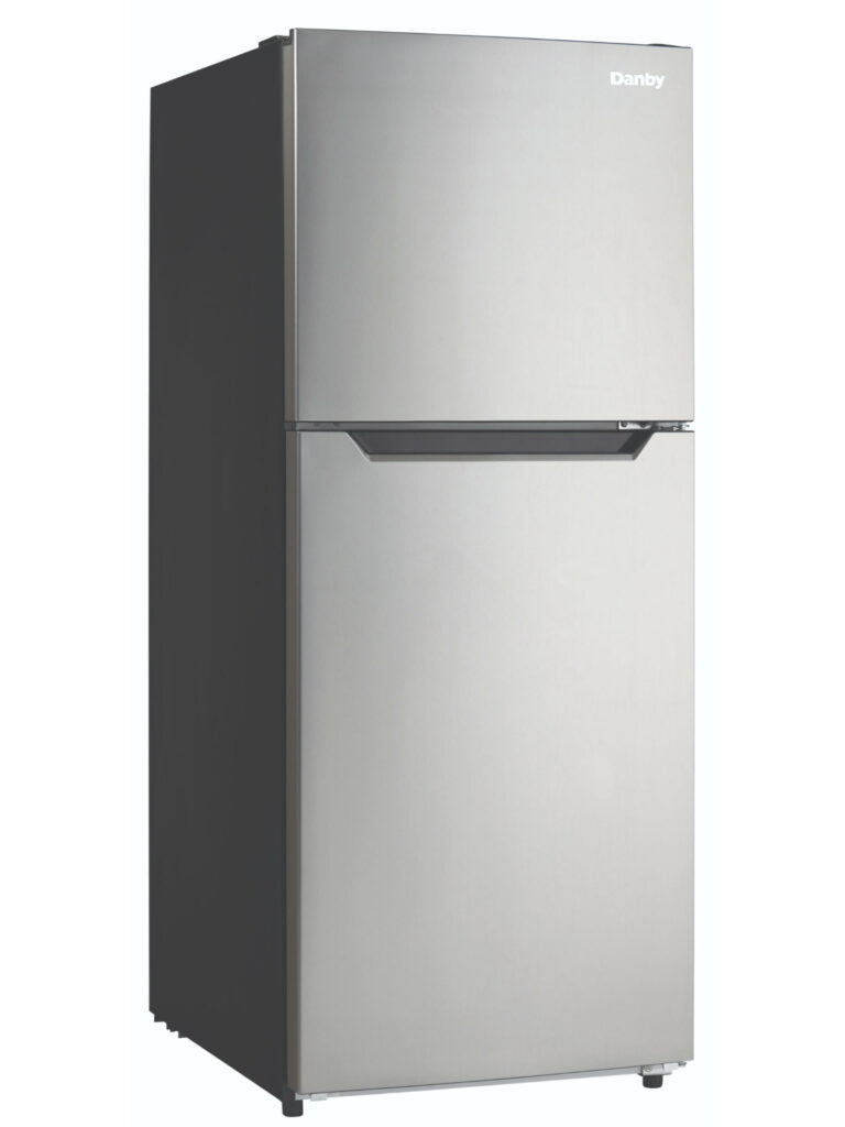 24 Inch Bottom Freezer Refrigerator  Danby 10.1 cu. ft. Top Mount Apartment Size Fridge in Stainless Steel. 60 Inch High. Perfect for apartments, offices and small space living, this sleek fridge provides 10.1 cu. ft. (290 L) of ample storage space. Its exterior is smudge free and modern with its stainless look, handle-free opening, and reversible door with left and right-hand swing. The interior is illuminated by LED lighting which makes it easy to organize the 2.5 adjustable glass shelves, 2 clear vegetable crispers and 5 door shelves, with storage for tall bottles. Enjoy maintenance free use with automatic defrost and controlled air flow, designed to extend the shelf life of your groceries! This Danby is backed by 12 months parts and labor coverage
