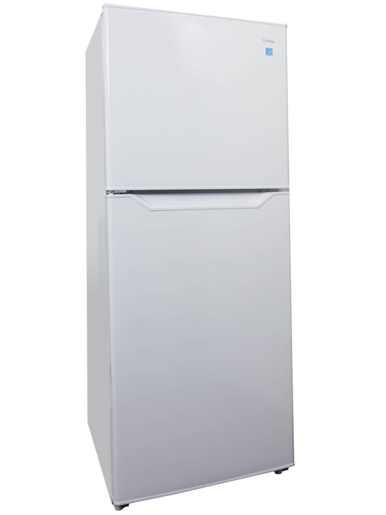 24 Inch Top Freezer Refrigerator  11 cu. ft. Apartment Size Top Mount Fridge. 60 Inch High. This classy mid-size refrigerator is ideal for apartments, cottages, offices and wet bars as it provides ample storage but takes up a minimal amount of space. The unit offers 11.6 cubic feet (328 litres) of total cooling space with a generous 8.4 cubic foot refrigerator and a 3.2 cubic foot freezer section. This appliance runs smoothly and quietly with an accurate mechanical thermostat and frost-free operating system. It offers plenty of storage room for tall bottles as well as a glass-covered crystal vegetable crisper for your favorite veggies. Maximum storage space is easily created due to the fridge’s three adjustable wire shelves, and integrated door shelves. The apparatus comes with an attractive integrated handle and a reversible door hinge which allows you to open the fridge from the left or right side depending on your preference and needs. This elegant unit also features a scratch-resistant and easy-to-clean worktop as well as a bright interior light in the refrigerator compartment. The appliance comes with a 12-month warranty on parts and labour with in-home service