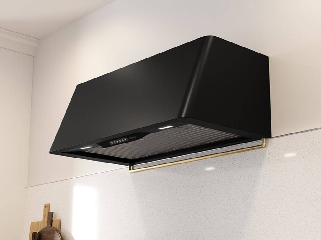 36 Inch Range Hood Custom Blower  Zephyr Creative Team Mesa Wall Mount Range Hood. Taking kitchen glamour to new heights. Mesa Wall hood is available in three high-style finishes: satin gold, matte black, and stainless steel latest. Mesa brings in latest in kitchen design trends. Invisible Touch Controls. Hybrid baffle filters and multiple blower options. Mesa is set to be hardworking star of the most fashionable kitchens. Additional options include an accent rail in satin gold or stainless steel. Remote control. Duct cover in satin gold, matte black, or stainless steel