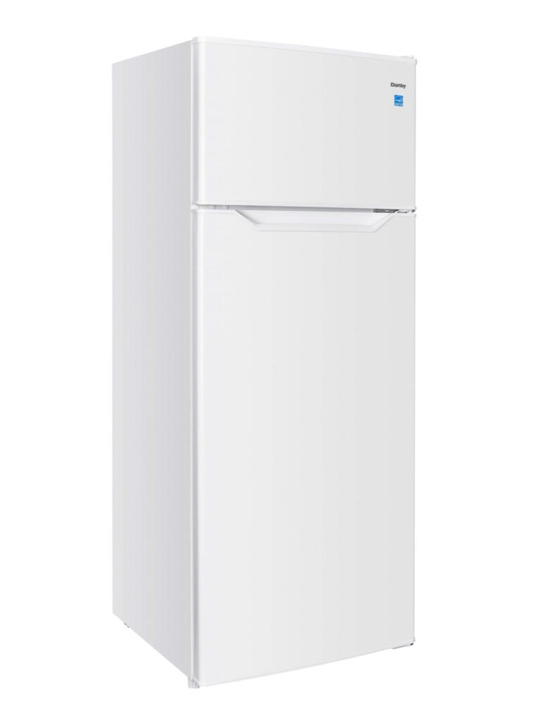 22 Inch Top Freezer Refrigerator  7.0 cu. ft. Apartment Size Fridge Top Mount. 57 Inch High. The Danby DPF074B2WDB-6 medium sized refrigerator is the right fit for any apartment, office or condo. With its modern, smudge free stainless look and sleek hidden hinges, this mid-sized fridge makes simple look stunning. Engineered with food storage in mind, the versatile interior provides the ultimate in controlled air flow without loss of space or storage capacity. 3 adjustable glass shelves, 1 clear vegetable crisper and 3 clear door shelves are brightly complimented with the white LED lighting. The frost free freezer section is the ultimate in easy maintenance. With no manual defrosting, there is no ice buildup which means no freezer burnt food. Energy star certified, over energy consumption isn’t a worry. Complete with a reversible door for left and right swing and integrated handle, this fridge is the perfect host for all your snacks, drinks and family favorites