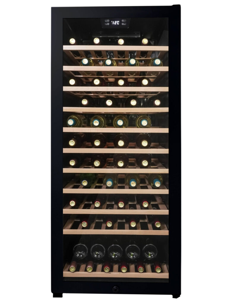 22 Inch Wine Fridge  Danby 94 Bottle Free-Standing Wine Cooler in Black. Designed for the wine aficionado, this 8.4 cu. ft. cooler stores and preserves up to 94 bottles of your favorite vintages. This freestanding, single-zoned wine cooler can be set between 41F and 64F, which can be viewed and monitored from the outside through its glass door. Keep your wine collection perfectly chilled and beautifully displayed in this all black cooler with its natural beechwood shelving. This unit also features a reversible door which can be adjusted for left or right-hand opening, and a lock to secure its contents! Rest easy with this cooler’s quiet operation and 12-month parts and labor coverage