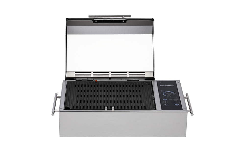 21 Inch Outdoor Grill  Frontier Portable 120V Electric Grill with IntelliKEN Touch Controls. A sleek built-in grill perfect for cooking up a storm in your kitchen or taking your culinary adventures to the great outdoors on your balcony. The Frontier Grill has an angled double-lined lid that locks in the heat while keeping the exterior of the lid from becoming searing hot. The B70590 120V version comes with a 6’ GFCI protected standard US plug. B70591 240V version comes with 6′ long cord with NEMA 6-15 plug. Automatic shut-off at 60 or 90 minutes depending on the heat setting