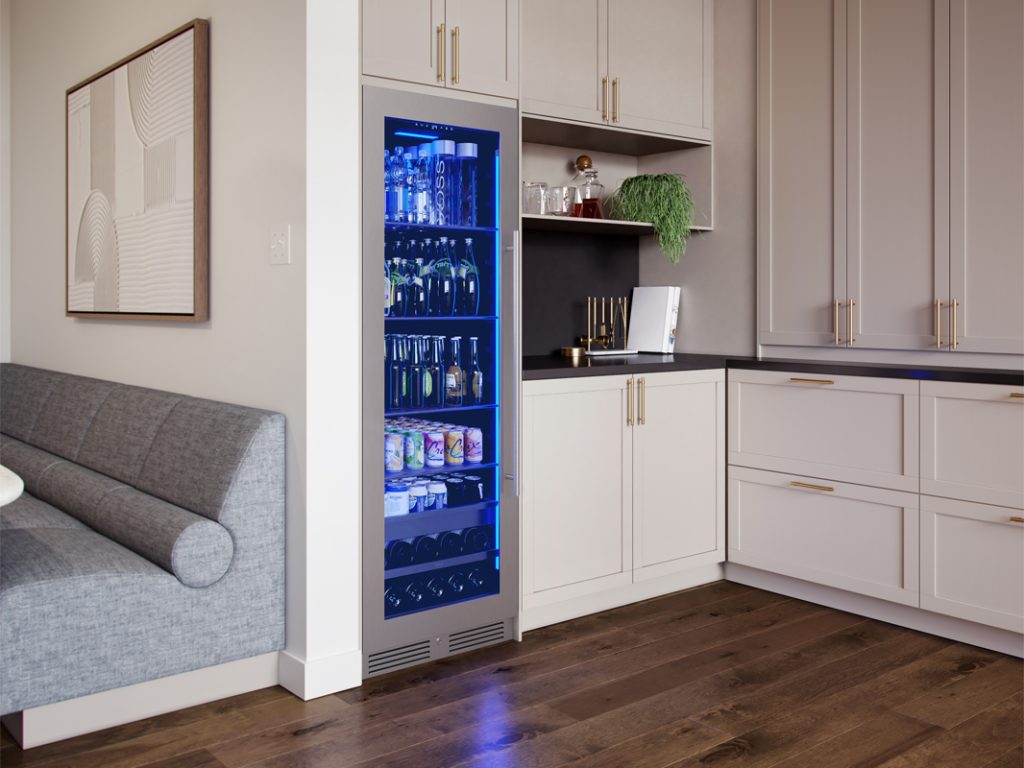 24 Inch Wine Fridge  Store everyone’s favorites in this stainless steel Full Size Beverage Cooler. Whether you’re hosting a crowd or just chilling with the fam, features like a stainless steel, Full-Extension Rollout Bin for easy access to drinks, a Full-Extension Wood Rack for wine and beer, vertical LED light strips in three colors and four light levels, an illuminated control panel, and an updated kickplate with built-in lock mean this cooler is ready to hang. Full Size Single Zone Beverage Cooler 15.7 Cu. Ft. 41 dBA