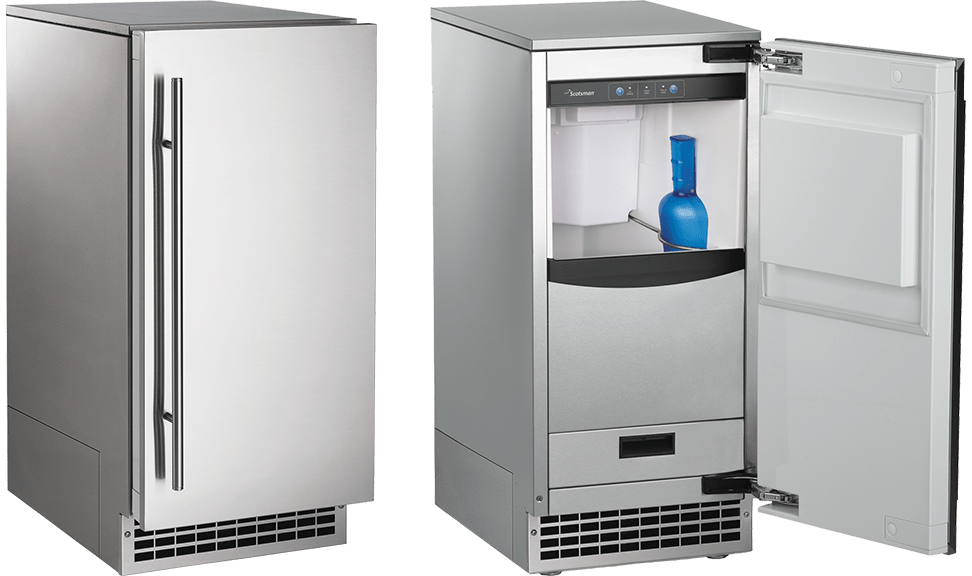 15 Inch Ice Machine  Brilliance Under-Counter Nugget Ice Machine is a luxury you must experience to appreciate. Uniquely-shaped, crystal-clear, slow-melting, taste-free, odorless ice. It won’t dilute the flavor of drinks. Designed with sleek new styling and virtually disappears when installed with a custom wood front that matches surrounding cabinetry. Finish options to choose from include, stainless, black or white front panel kits if a custom wood front panel is not used. A kit is available to adapt an existing custom wood front panel on the new ice machine. Self-closing door. vailable with drain pump system. It’s a luxury that you and your family truly deserve