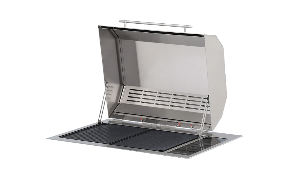 30 Inch Outdoor Grill  Texan 240V All Seasons Built-In Electric Grill with Touch Controls. Double Burner Grill. Faceted Splid Lid. Mounting holes for installation into solid surface or stone countertop. Simplify the way you cook with precise temperature control and consistent results. The Texan Electric Grill is a double burner, built-in grill. With two 1500 watt elements, this powerful electric grill presents opportunities for safe alternatives where gas and charcoal grills can no longer be used in apartments, backyards and various other applications. With a variety of styling options to choose from including control and lid types, the Texan Grill provides the solution for any situation.  The Texan will exceed temperatures of 550 Degress Fahrenheit and is virtually smokeless without any chance of flare-ups. Marine grade stainless steel makes this grill the perfect option to be used on balconies and rooftops across the country