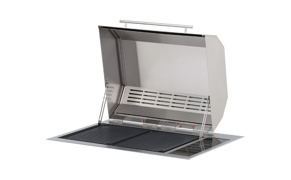 30 Inch Outdoor Grill  Texan 240V All Seasons Built-In Electric Grill with Touch Controls. Double Burner Grill. Faceted Splid Lid. No mounting holes for installation into solid surface or stone countertop. Simplify the way you cook with precise temperature control and consistent results. The Texan Electric Grill is a double burner, built-in grill. With two 1500 watt elements, this powerful electric grill presents opportunities for safe alternatives where gas and charcoal grills can no longer be used in apartments, backyards and various other applications. With a variety of styling options to choose from including control and lid types, the Texan Grill provides the solution for any situation.  The Texan will exceed temperatures of 550 Degress Fahrenheit and is virtually smokeless without any chance of flare-ups. Marine grade stainless steel makes this grill the perfect option to be used on balconies and rooftops across the country