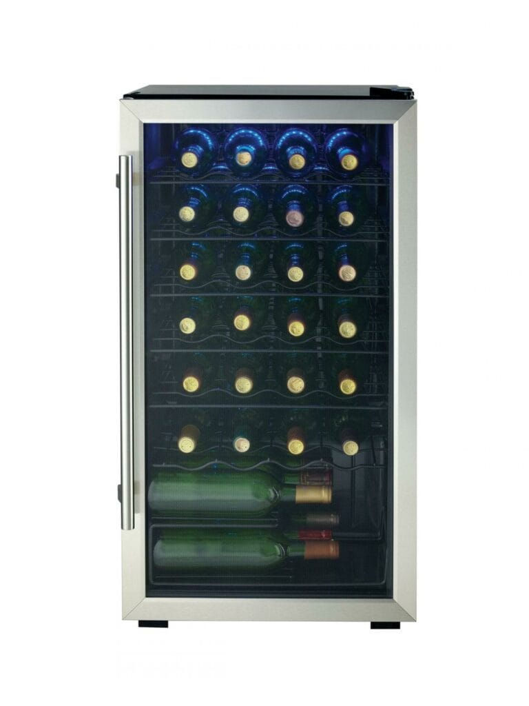 18 Inch Wine Fridge  Keep up to 30 bottles of chilled wine on hand Suitable for red or white wines, set temperature between 43°F – 57°F (6°C – 14°C) Showcase lighting illuminates the cabinet with energy-efficient blue LEDs Recessed pocket style handle Durable black wire shelves with trim The tempered glass door helps to protect the wine from harmful UV rays Reversible door hinge that enables you to adjust it for left or right-handed opening 12-month warranty on parts and labor with in-home service