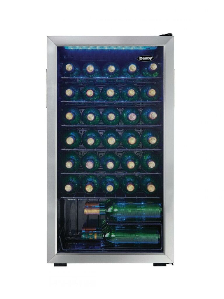 18 Inch Wine Fridge  Keep up to 36 bottles of chilled wine on hand Suitable for red or white wines set temperature between 43°F – 57°F (6°C-14°C) Showcase lighting illuminates the cabinet with energy efficient blue LEDs Platinum door trim with recessed handles Durable black wire shelves The tempered glass door protects the wine from harmful UV rays Convenient reversible door swing for left or right hand opening 12-month warranty on parts and labor with in-home service