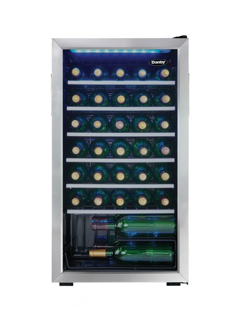 20 Inch Wine Fridge  Keep up to 36 bottles of chilled wine on hand Suitable for red or white wines, set temperature between 43°F – 57°F (6°C – 14°C) Showcase lighting illuminates the cabinet with energy-efficient blue LEDs Recessed pocket style handle Durable black wire shelves with trim The tempered glass door helps to protect the wine from harmful UV rays Reversible door hinge that enables you to adjust it for left or right-handed opening 12-month warranty on parts and labor with in-home service