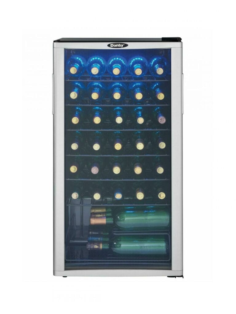 18 Inch Wine Fridge  Keep up to 36 bottles of chilled wine on hand Suitable for red or white wines set temperature between 43°F – 57°F (6°C-14°C) Showcase lighting illuminates the cabinet with energy efficient blue LEDs Platinum door trim with recessed handles Durable black wire shelves The tempered glass door protects the wine from harmful UV rays Convenient reversible door swing for left or right hand opening 12-month warranty on parts and labor with in-home service