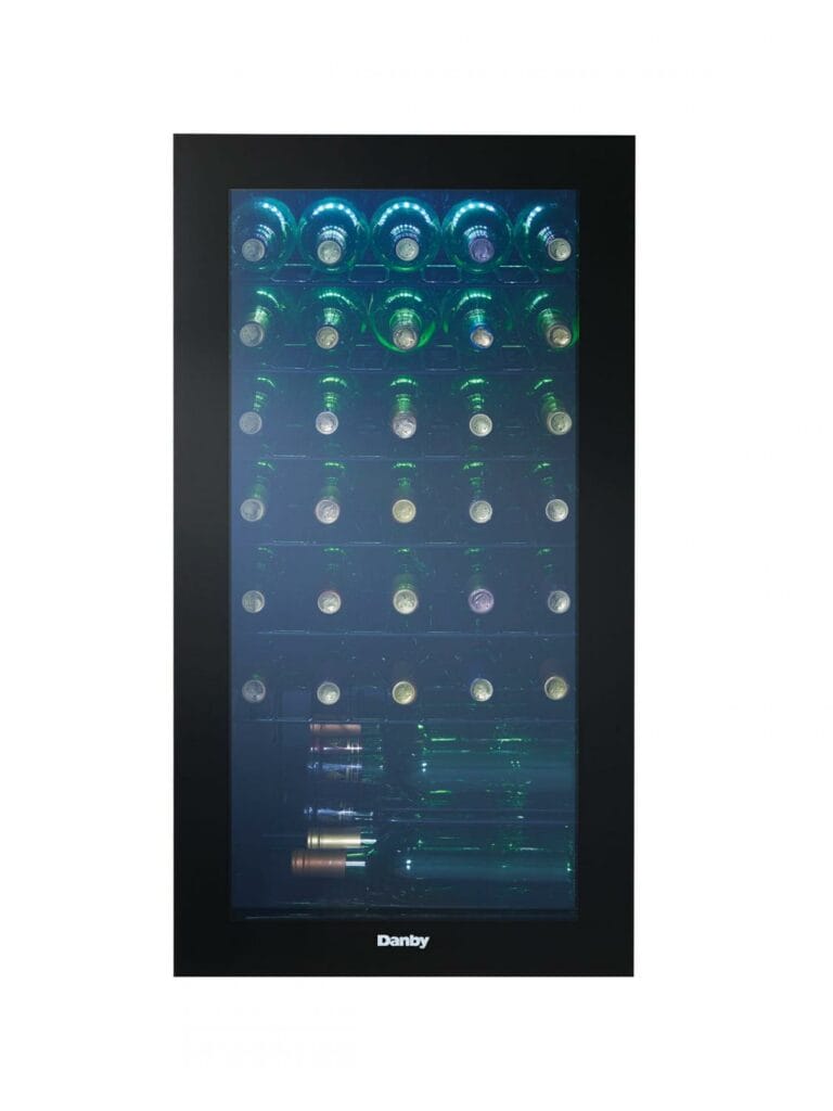 18 Inch Wine Fridge  Keep up to 36 bottles of chilled wine on hand Suitable for red or white wines set temperature between 43°F – 57°F (6°C-14°C) Showcase lighting illuminates the cabinet with energy efficient blue LEDs Platinum door trim with recessed handles Durable black wire shelves The tempered glass door protects the wine from harmful UV rays Convenient reversible door swing for left or right hand opening 12-month warranty on parts and labor with in-home service