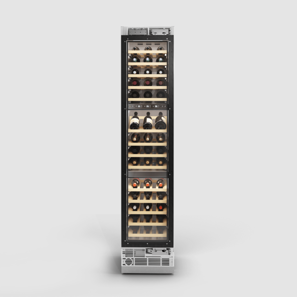 18 Inch Wine Fridge  EWC18SRN683PR 18 Inch Panel Ready Triple Zone Smart Wine Fridge 68 Bordeaux Bottle Capacity, 9 Storage Shelves, Insulated Glass Door, LED Side-Wall Lighting, Touch-Control Panel, PLUS41°F to PLUS68°F Temperature Range 8.19 Cu. Ft Cu. Ft capacity, noise rating 36 dBA
