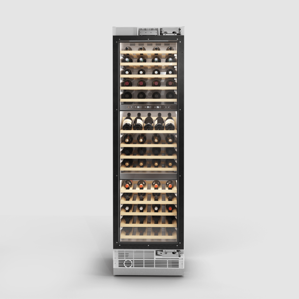 24 Inch Wine Fridge  24 Inch Panel Ready Triple Zone Smart Wine Fridge 100 Bordeaux Bottle Capacity, 9 Storage Shelves, Insulated Glass Door, LED Side-Wall Lighting, Touch-Control Panel, PLUS41°F to PLUS68°F Temperature Range. Ft capacity, noise rating 36 dBA
