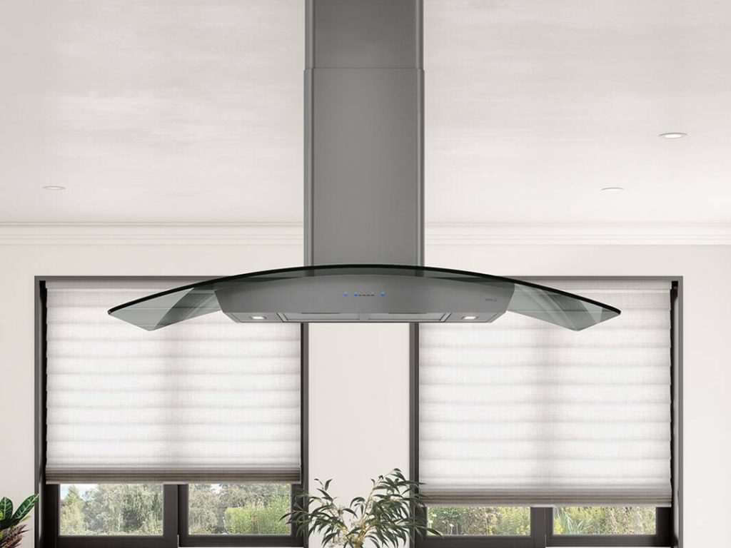36 Inch Range Hood 600 CFM  Ravenna Island Mount Range Hood. The delicate curve of a glass canopy. Add elegance to your everyday cooking experience. Zephyr trend-setting black stainless steel. Ravenna combines 21st century know-how with timeless beauty. Featuring clear and smoke-gray glass canopy options, Airflow Control Technology (ACT). ICON Touch controls. LumiLight LED lighting. Powerful and yet quiet 600-CFM blower. Optional ADA-compliant remote control