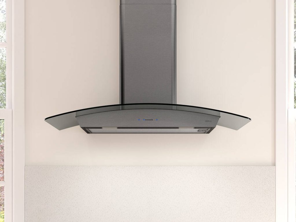 36 Inch Range Hood 600 CFM  Ravenna Wall Mount Range Hood. The delicate curve of a glass canopy. Add elegance to your everyday cooking experience. Zephyr trend-setting black stainless steel. Ravenna combines 21st century know-how with timeless beauty. Featuring clear and smoke-gray glass canopy options, Airflow Control Technology (ACT). ICON Touch controls. LumiLight LED lighting. Powerful and yet quiet 600-CFM blower. Optional ADA-compliant remote control