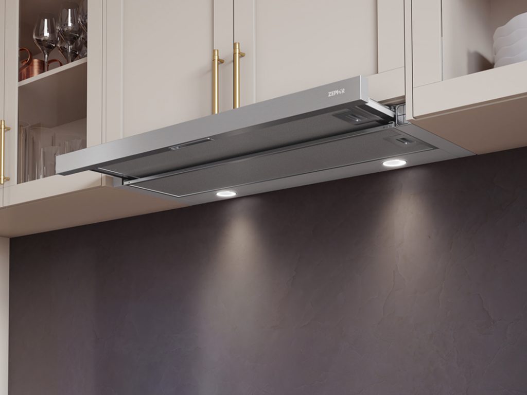 36 Inch Range Hood 290 CFM  Under Cabinet Slide-Out Range Hood. 2-Speed 290 CFM Blower. Mechanical Push Button Controls. LED Lighting. Mesh Filters