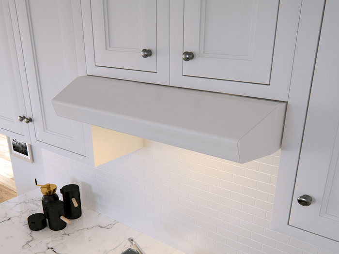 24 Inch Range Hood 250 CFM  Breeze I Under-Cabinet Range Hood. Breeze I sets the industry value standard with its sophisticated features and performance. Three-speed, 250-CFM blower quietly clears the air. Convenient dishwasher-safe aluminum filters. Efficiently remove airborne residues. Sleek, integrated controls. Dual-level LumiLight LED lights. Available in stainless steel, black and white finishes