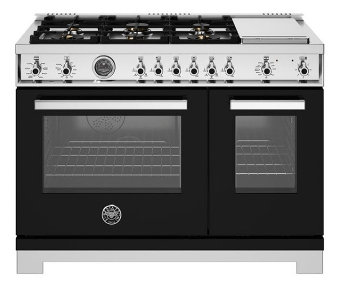 48 Inch Range  Double Oven Dual Fuel Range. Six Brass Burners and 12 Inch Electric Griddle. Electric self clean oven. Dual convection fan for balanced airflow and even temperature baking and roasting on 7 shelf levels. Large Oven: 4.7 cu. ft. Auxiliary Oven: 2.4 cu. ft. Cooking zones: Power burners 2 x 1300 BTU - 19000 BTU. Rapid burner 2500 BTU - 10400 BTU. Medium burner 2 x 1500 BTU - 5900 BTU. Simmer burner 750 BTU - 3500 BTU. Griddle power 1100 W