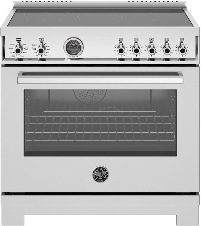 36 Inch Range  Large Capacity Induction Range. Five Induciton Zones and Cast Iron Griddle. Large 5.9 cu. ft. Self Clean Oven. European Dual Fan Convection. Elegant Temperature Gauge. 3700W maximum Power output. The intuitive power bridge zone is designed to automatically adjust to fit the size of your cookware. Two Induction 2 bridge zones. Induction front left: size 5 3/5 inch 1400W up to 2200W. Induction back left: size 8 1/4 inch 2300W up to 3700W. Induction center: size 8 1/4 inch 2300W up to 3700W. Induction front right Bridge 2100W - 3700W. Induction back right Bridge 2100W - 3700W.