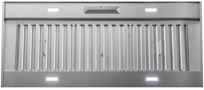 52 Inch Range Hood 1200 CFM  Monsoon II Insert available with LumiLight LED lighting. Exclusive ACT technology. Monsoon II delivers. Designed with conventional installation dimensions. Monsoon II is a great option for custom cabinetry or enclosure. Stainless steel baffle filters. Removable grease tray make it easy to maintain its pro-style look. 6-speed electronic controls and wireless remote control give the homeowner better control. Monsoon II Insert options: AK9334BS AK9340BS AK9346BS AK9352BS AK9358BS Pro Baffle Filters Led Lights II 22 1/2 inch Deep